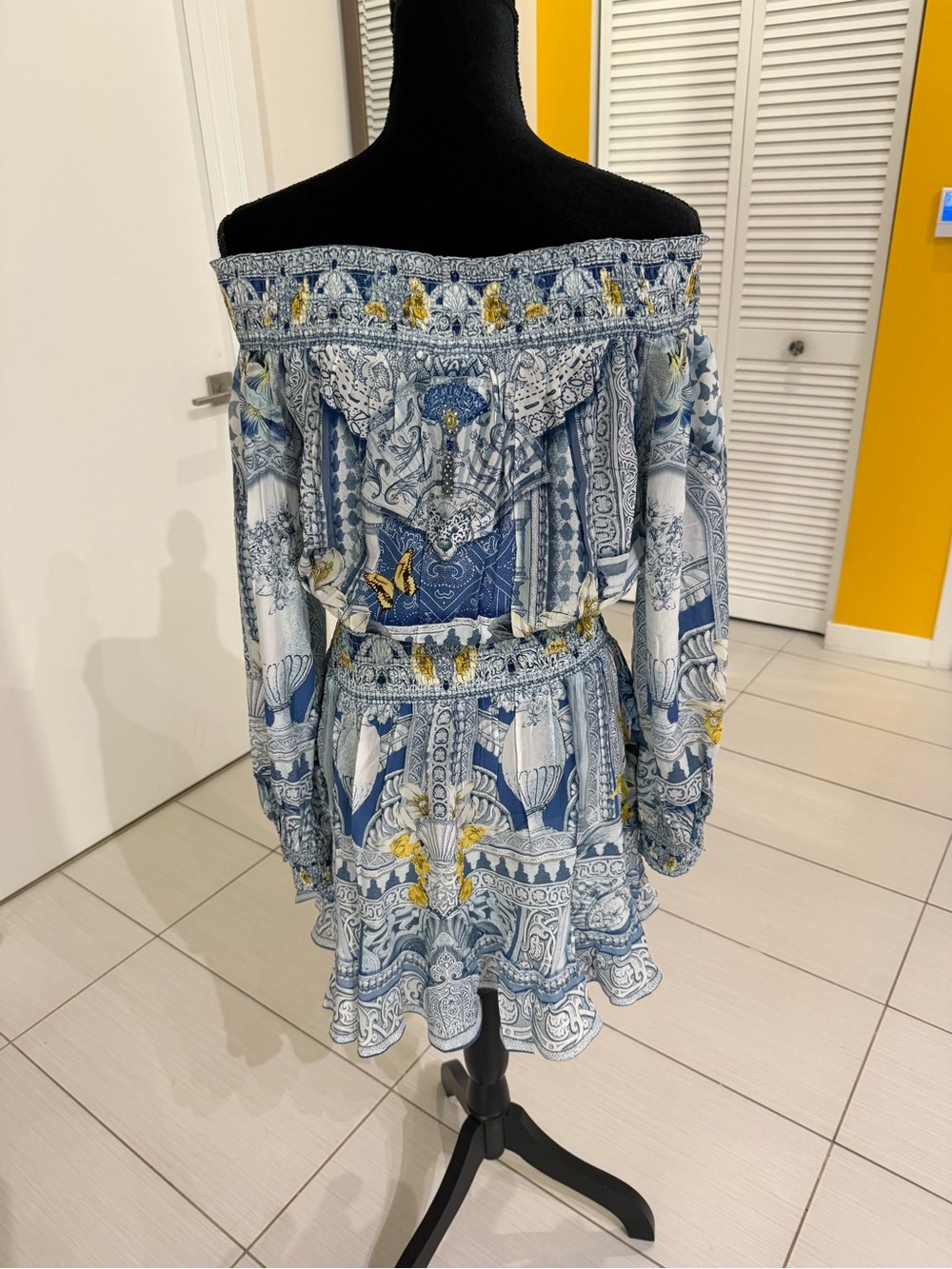 Camilla Off-Shoulder Blue, White & Yellow Paisley Print Long Sleeve Dress
